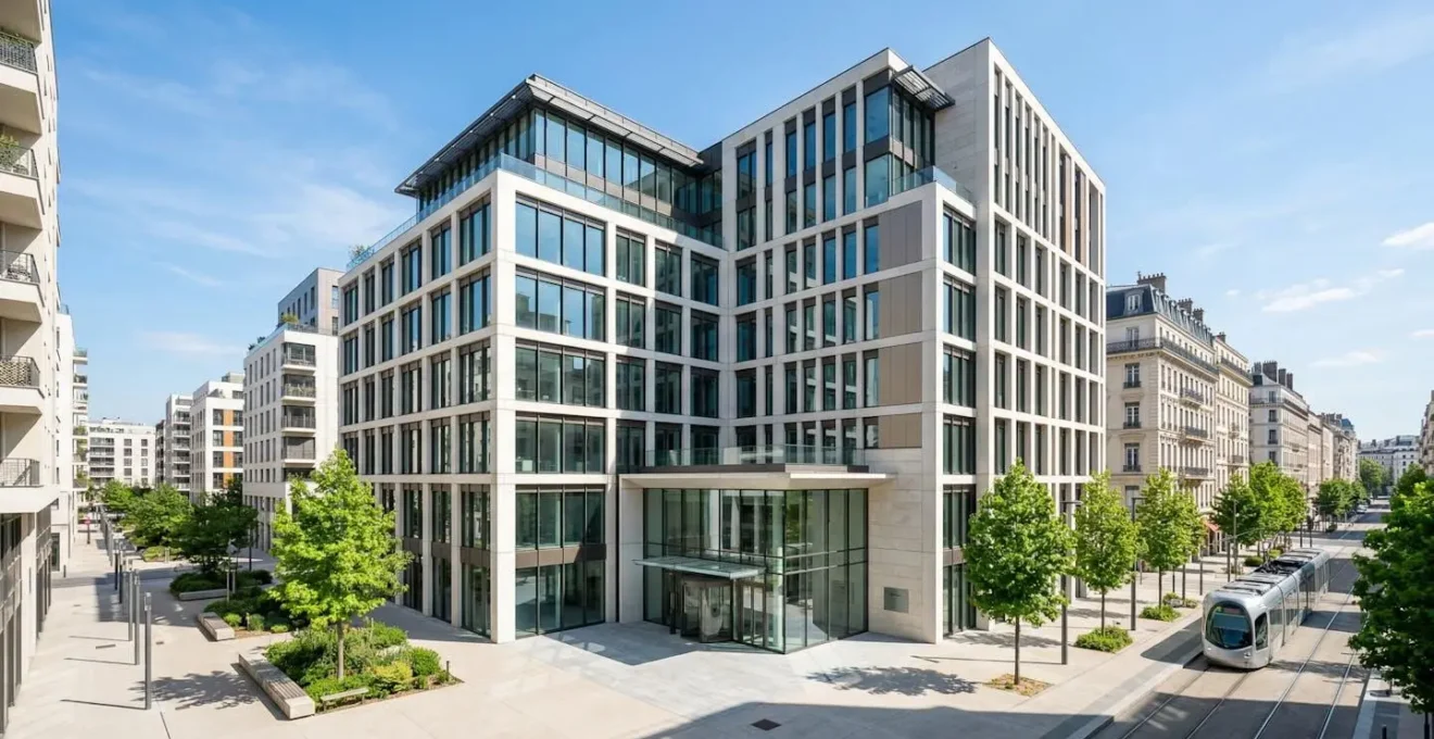 Vue en contre-plongée d'un immeuble de bureaux moderne avec façade vitrée contemporaine sous un ciel lumineux en milieu urbain français