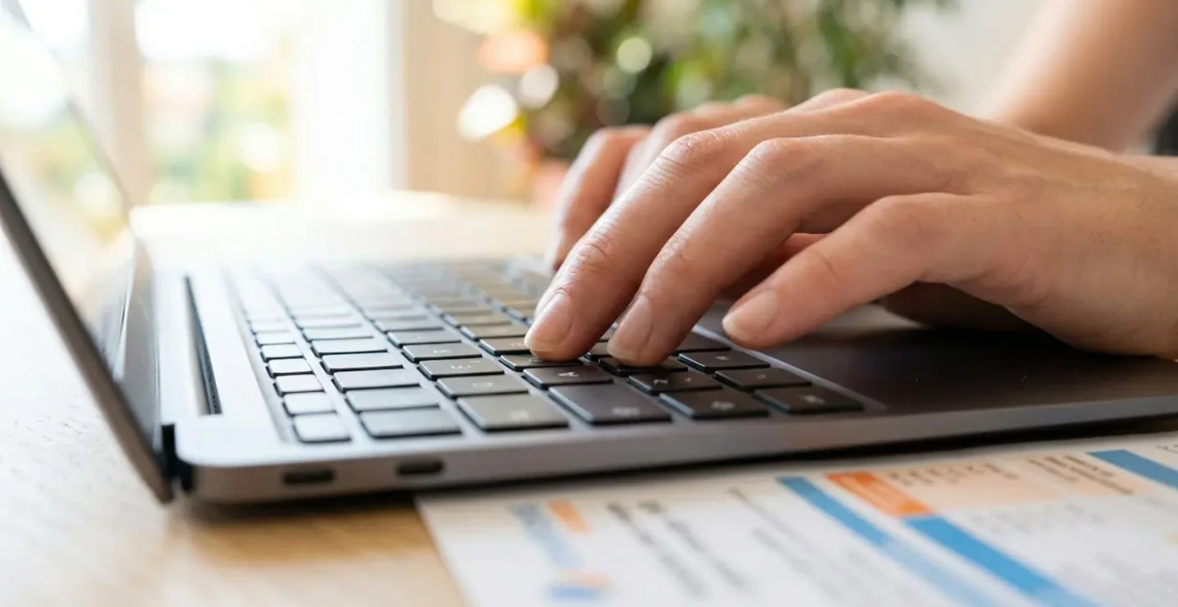 Gros plan sur une main posée sur un clavier d'ordinateur en train de saisir des données, avec un document administratif aux lignes de texte floues en arrière-plan