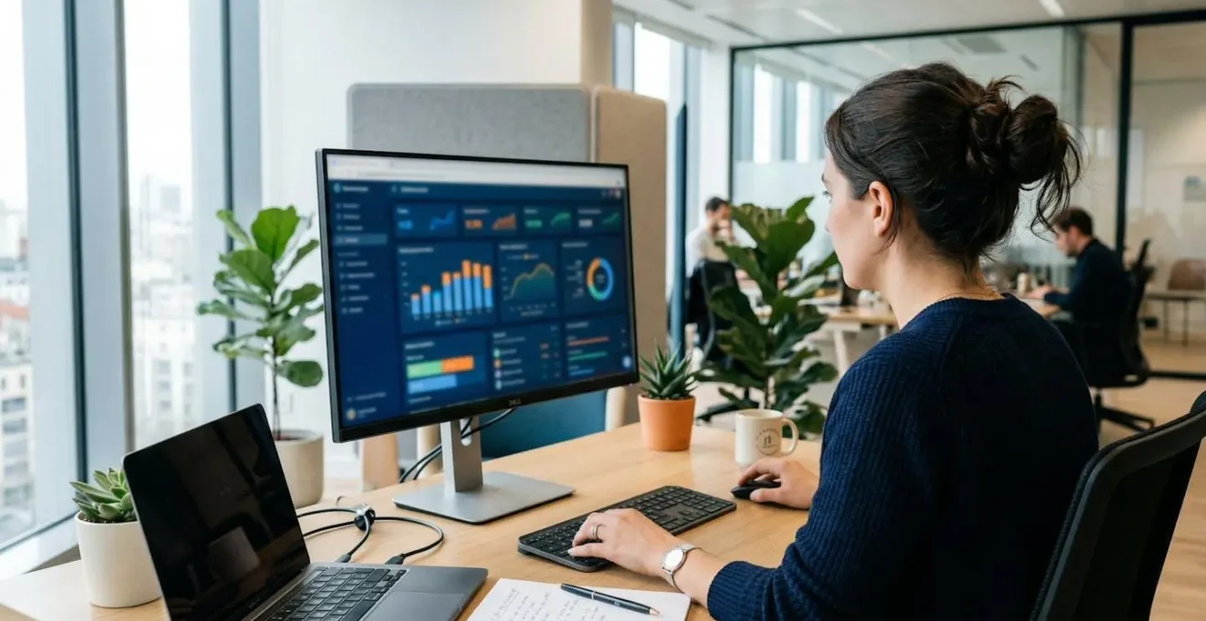 Un professionnel vu de dos consulte des données énergétiques sur un écran d'ordinateur dans un bureau moderne éclairé par la lumière naturelle
