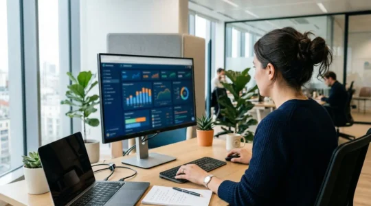Un professionnel vu de dos consulte des données énergétiques sur un écran d'ordinateur dans un bureau moderne éclairé par la lumière naturelle