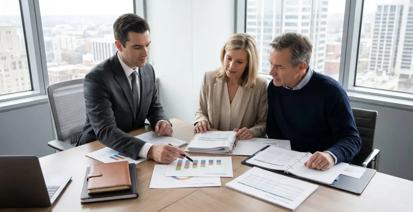 Conseiller financier expliquant les options d'allocation d'assurance vie à un couple dans un bureau moderne