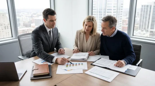 Conseiller financier expliquant les options d'allocation d'assurance vie à un couple dans un bureau moderne