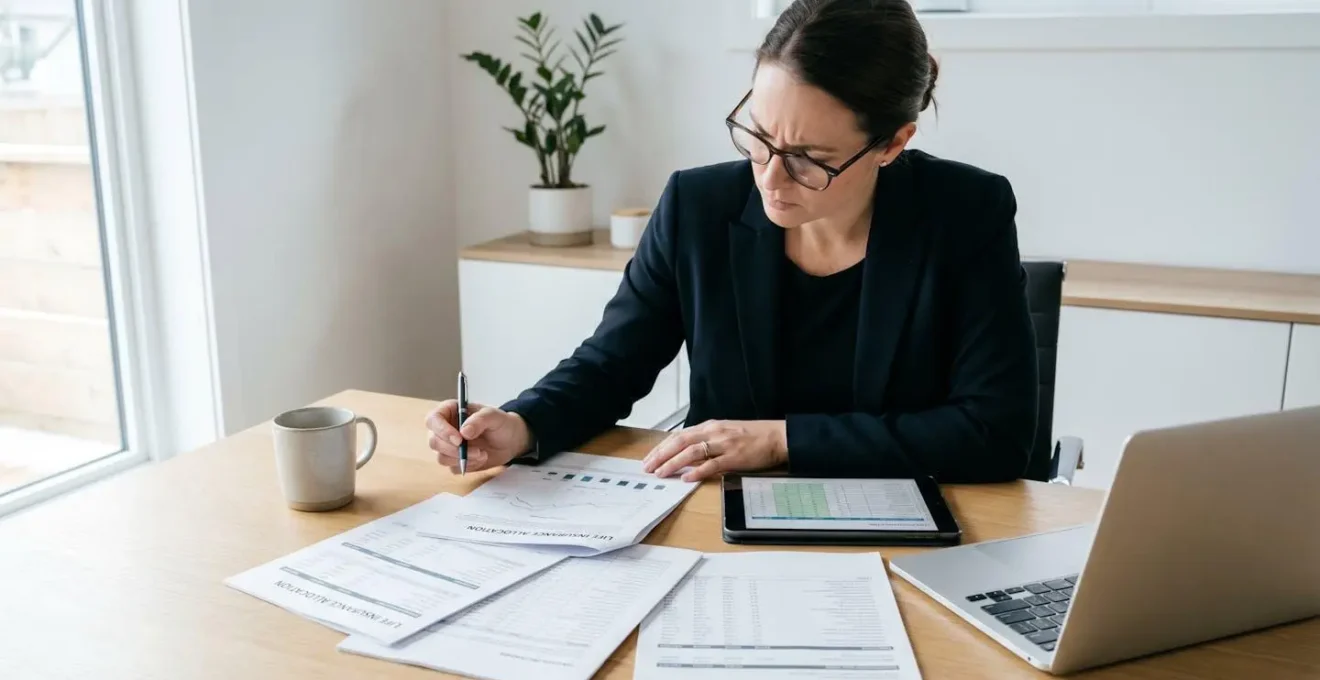 Femme trentenaire analysant ses relevés d'assurance vie dans son bureau à domicile