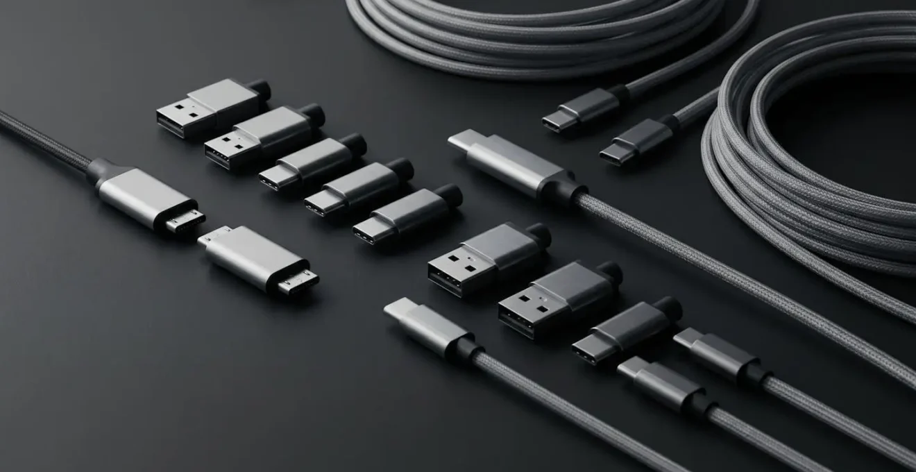 Gros plan sur des connecteurs USB modernes (USB-A et USB-C) avec leurs câbles disposés de manière organisée sur une surface technique