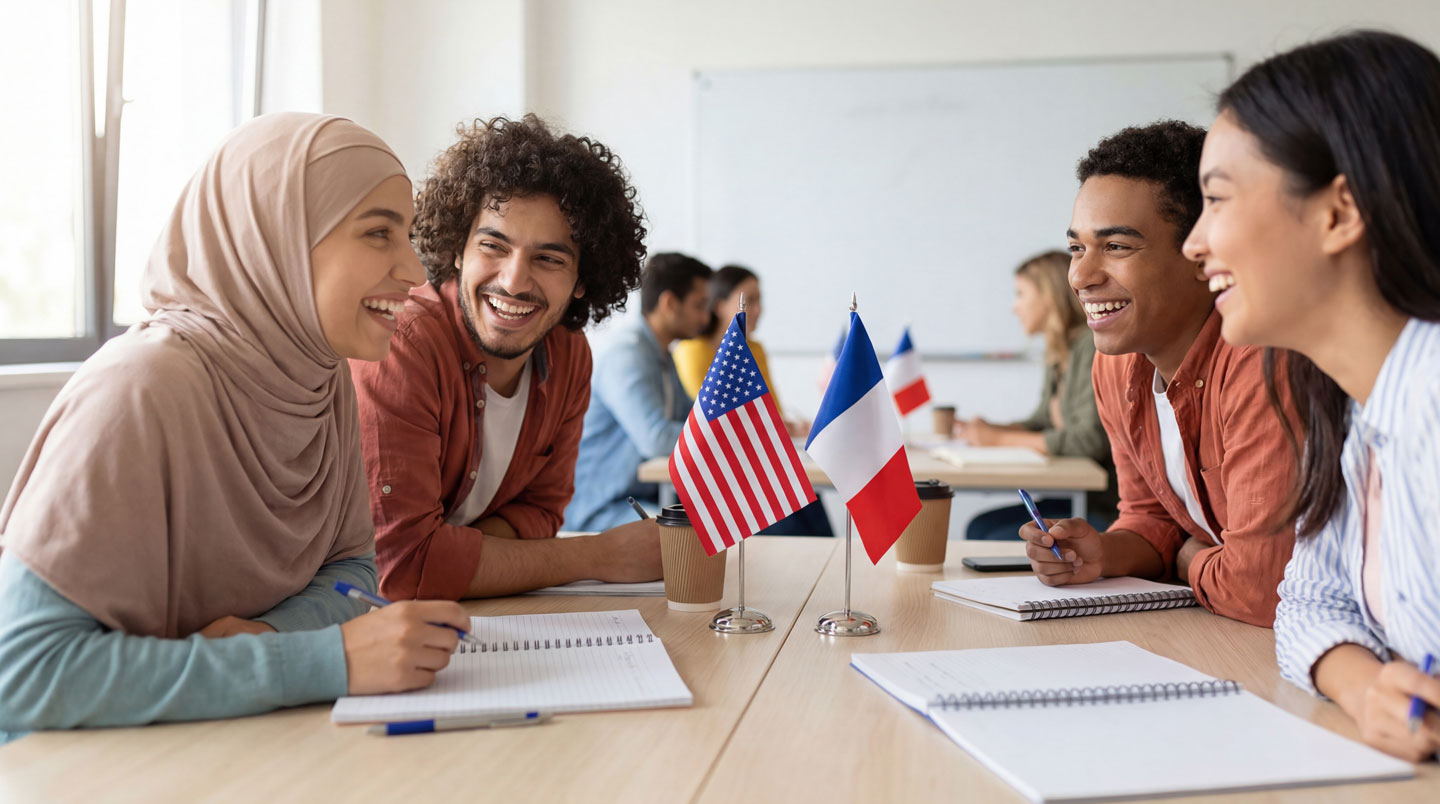 Famille découvrant une ville étrangère pendant un séjour linguistique