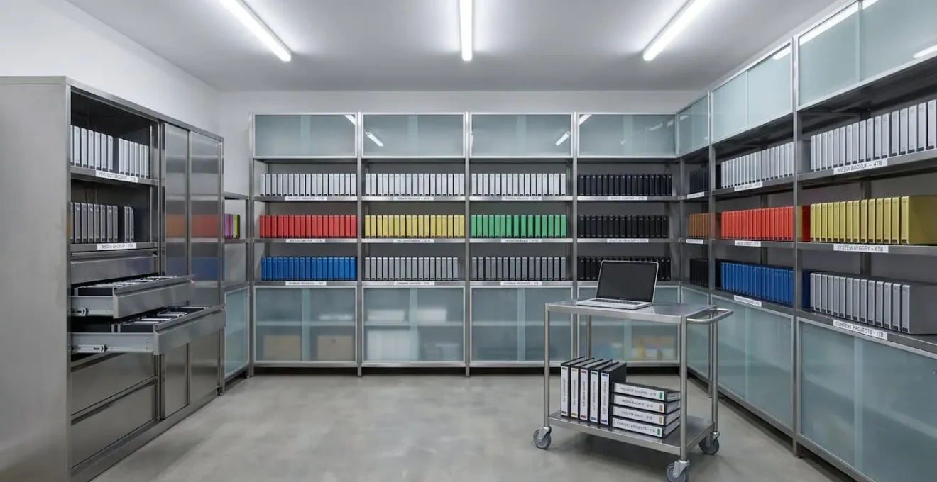 Organisation professionnelle de disques durs externes de différentes capacités dans un système de rangement technique avec étiquetage