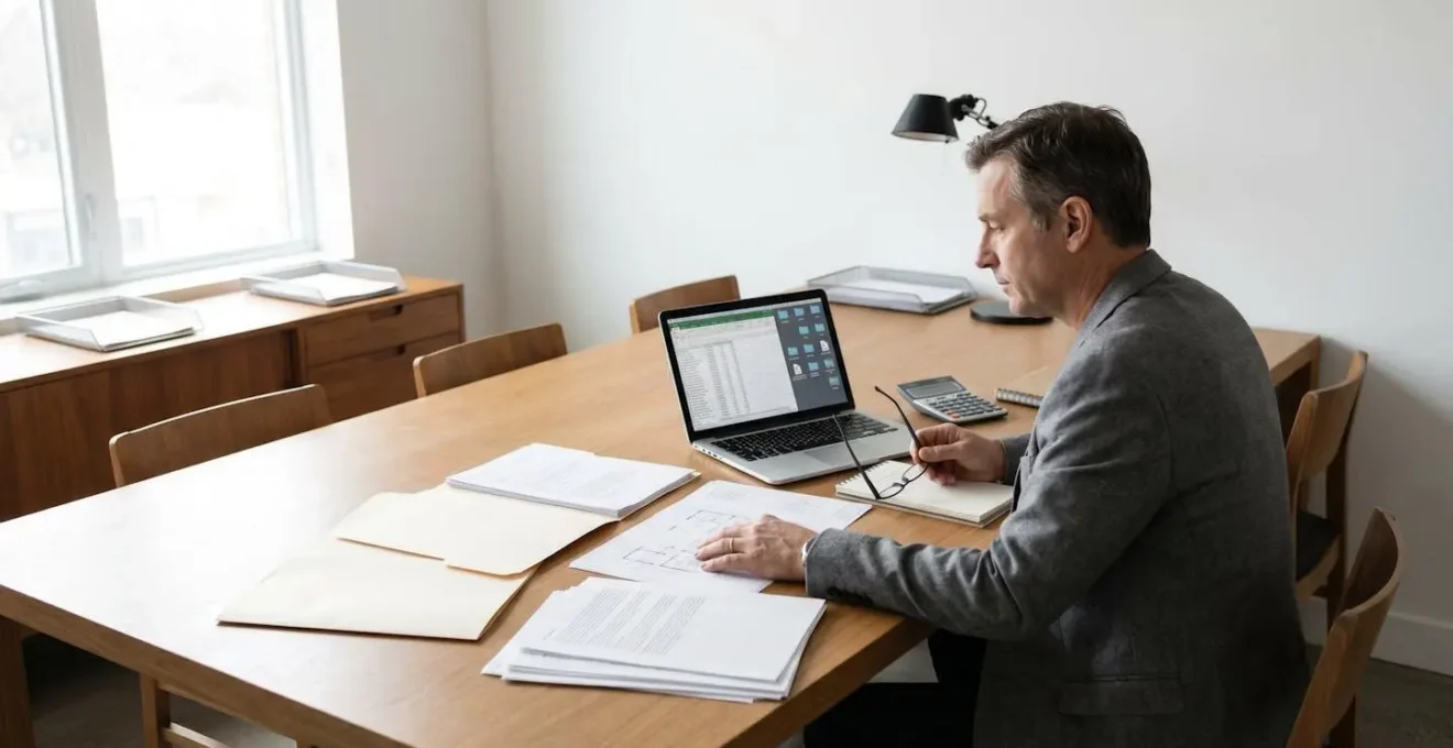 Responsable d'entreprise analysant des documents de projet sur son bureau pour évaluer ses besoins en stockage de données