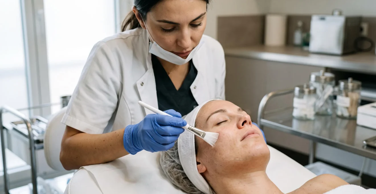 Praticien appliquant un peeling médical sur le visage d'une patiente dans une clinique esthétique