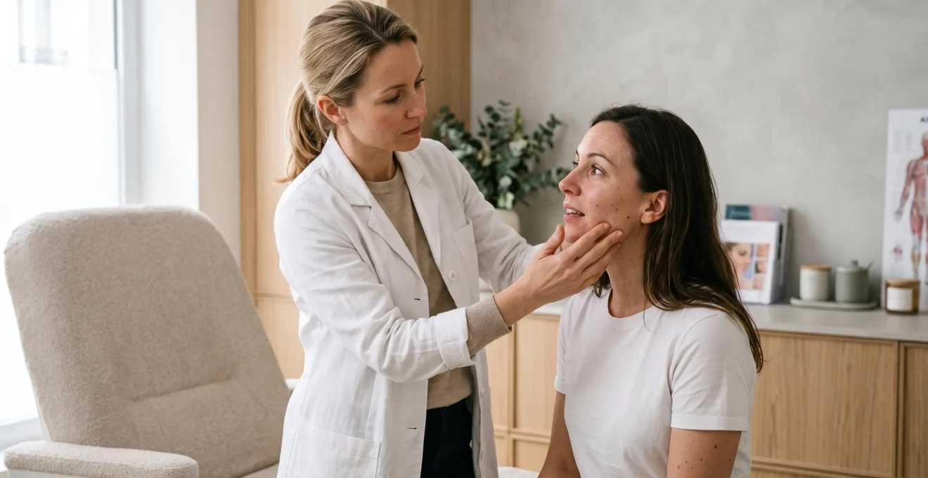 Médecin esthétique en consultation avec une patiente, examinant son visage pour déterminer les traitements adaptés