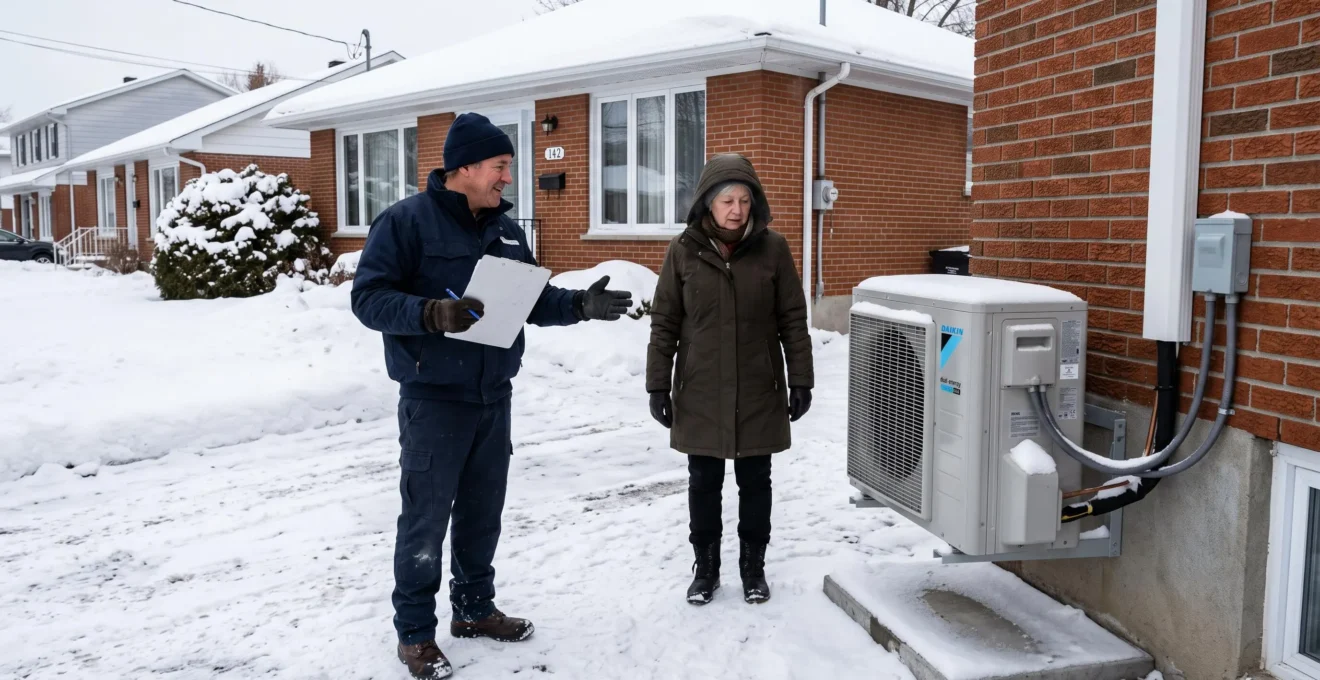 Un entrepreneur CVAC explique l'installation d'une thermopompe extérieure à un propriétaire dans une entrée enneigée.