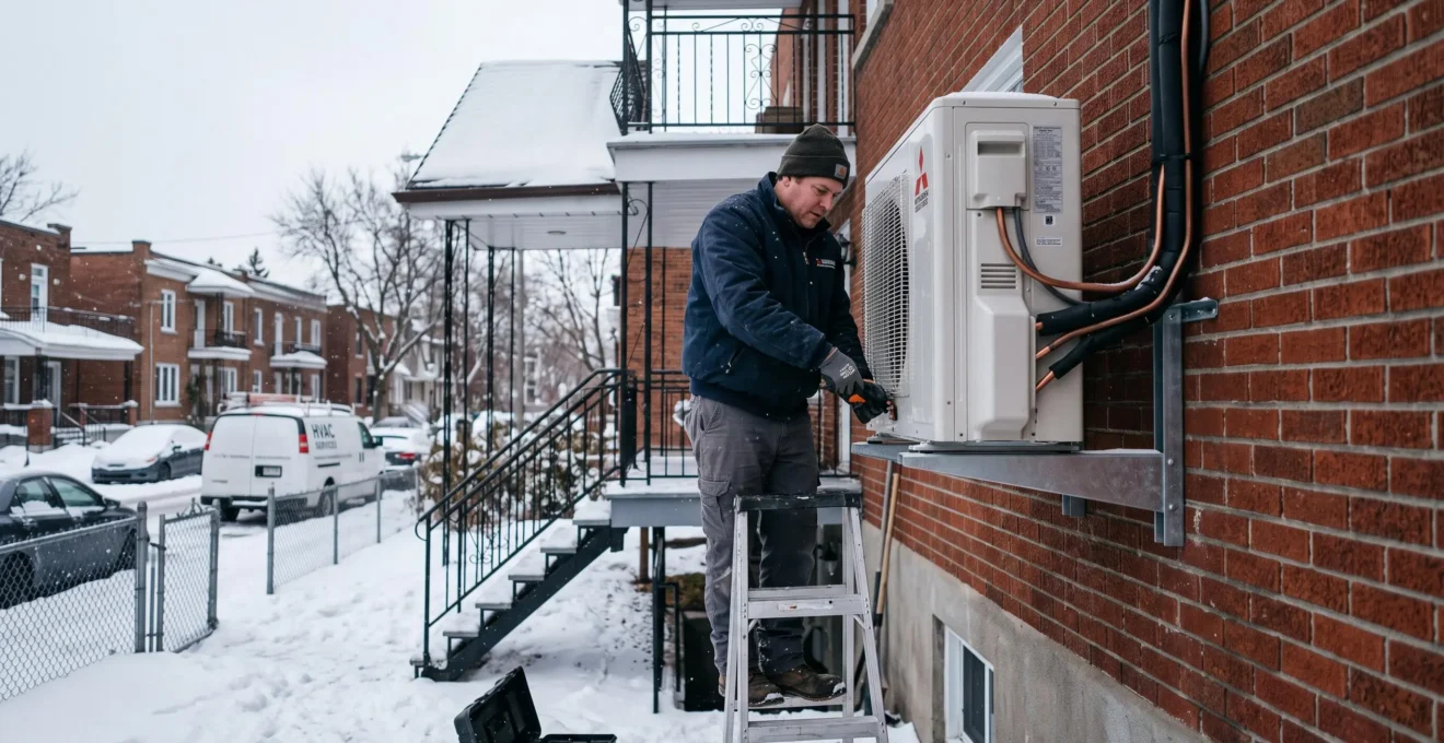 Un technicien CVAC installe une thermopompe murale sur le mur extérieur d'un duplex montréalais en hiver.
