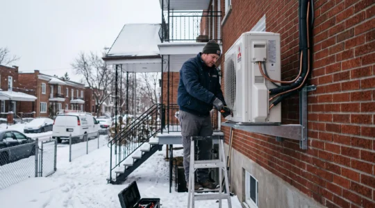 Un technicien CVAC installe une thermopompe murale sur le mur extérieur d'un duplex montréalais en hiver.
