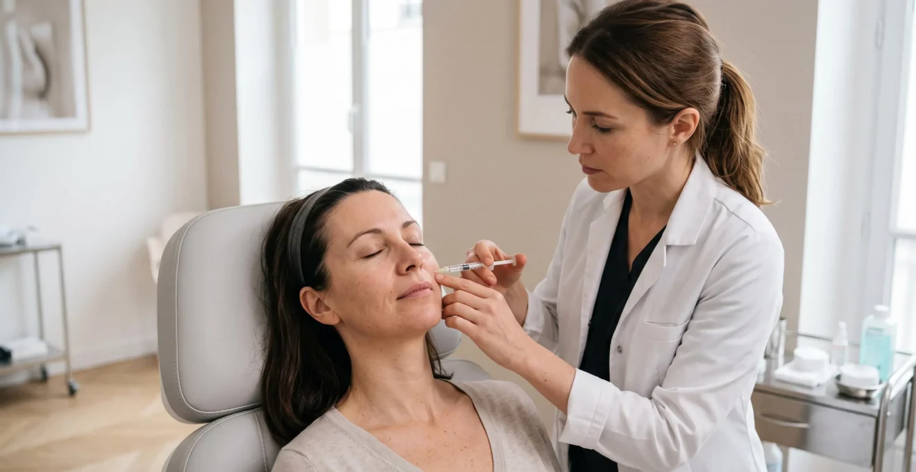 Médecin esthétique réalisant une injection faciale sur une patiente dans un cabinet médical