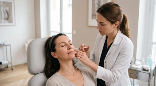 Médecin esthétique réalisant une injection faciale sur une patiente dans un cabinet médical