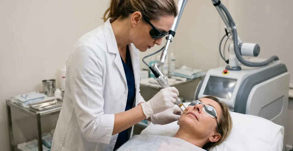 Médecin utilisant un appareil laser médical pour un traitement de rajeunissement cutané sur une patiente Médecin utilisant un appareil laser médical pour un traitement de rajeunissement cutané sur une patiente