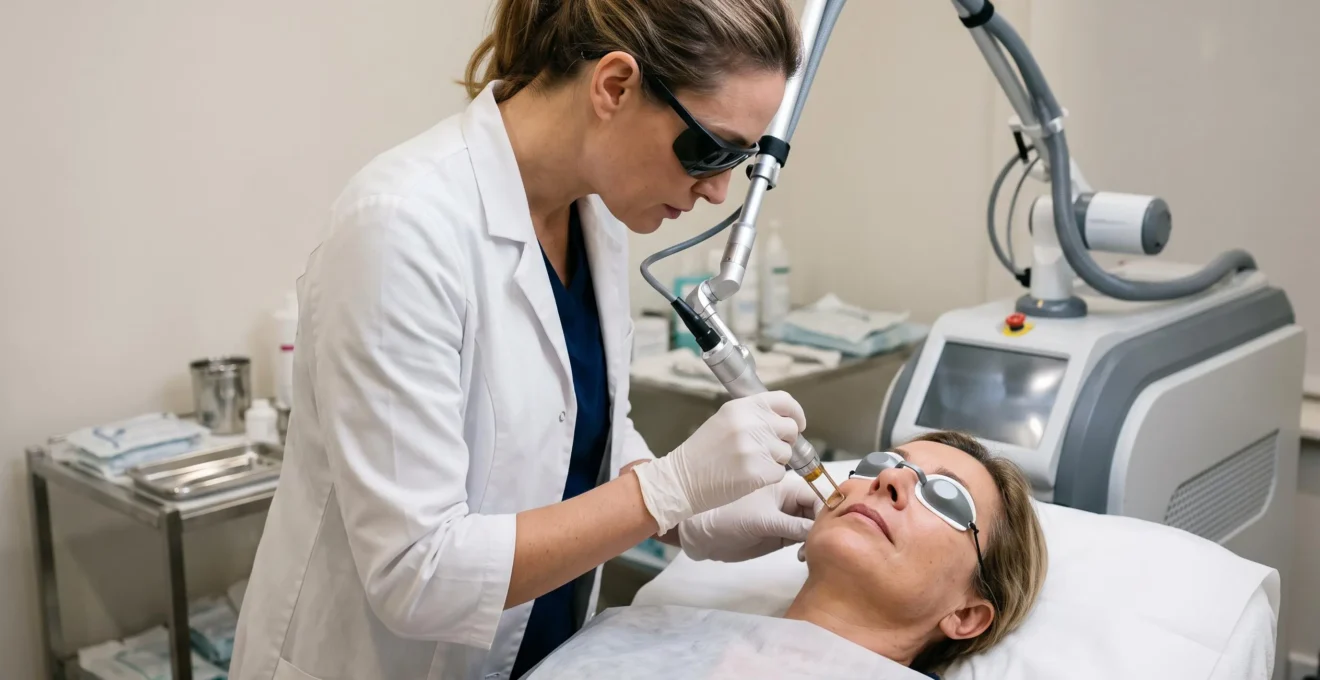 Médecin utilisant un appareil laser médical pour un traitement de rajeunissement cutané sur une patiente